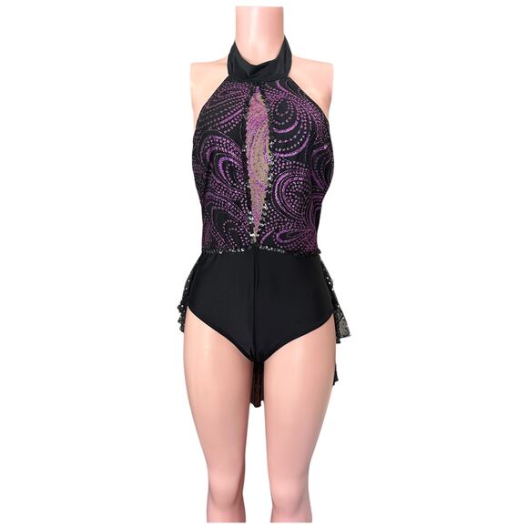 Black & Purple Sequin Halter Dance Costume Bodysuit w/ Ruffled Skirt Size M/L
